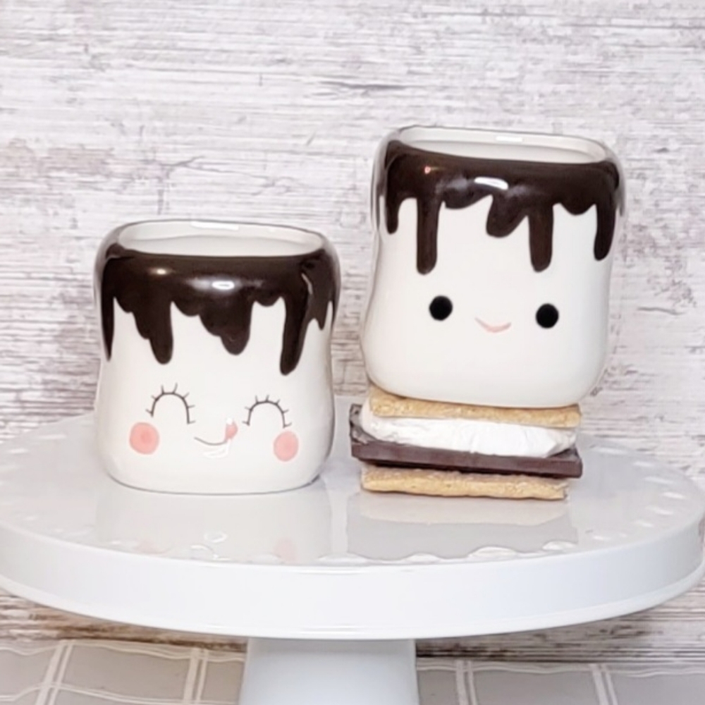 Set of Two Smores 2.75" Ceramic Marshmallow Mugs Cups for Tiered Trays